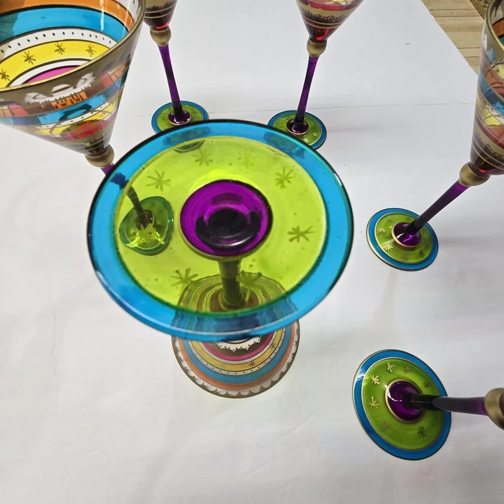 Pier 1 Festive Hand Painted Colorful Stripe Martini Glasses Set of‎ 6 EUC FIesta